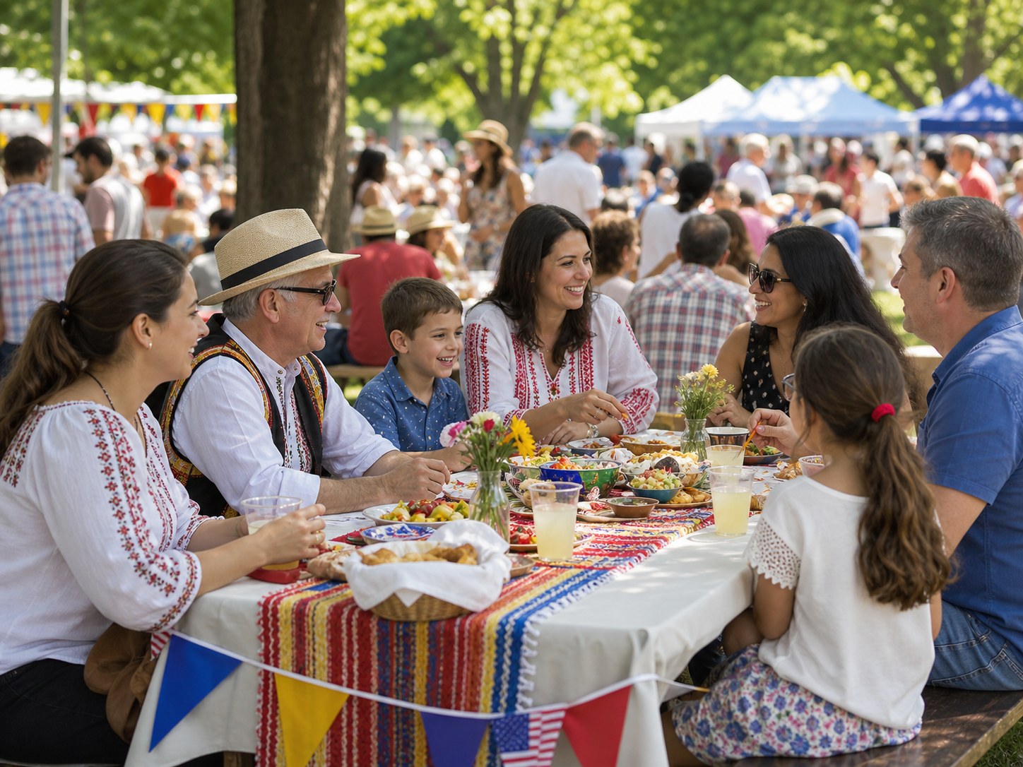Romanian-American families and neighbors sharing a community festival moment