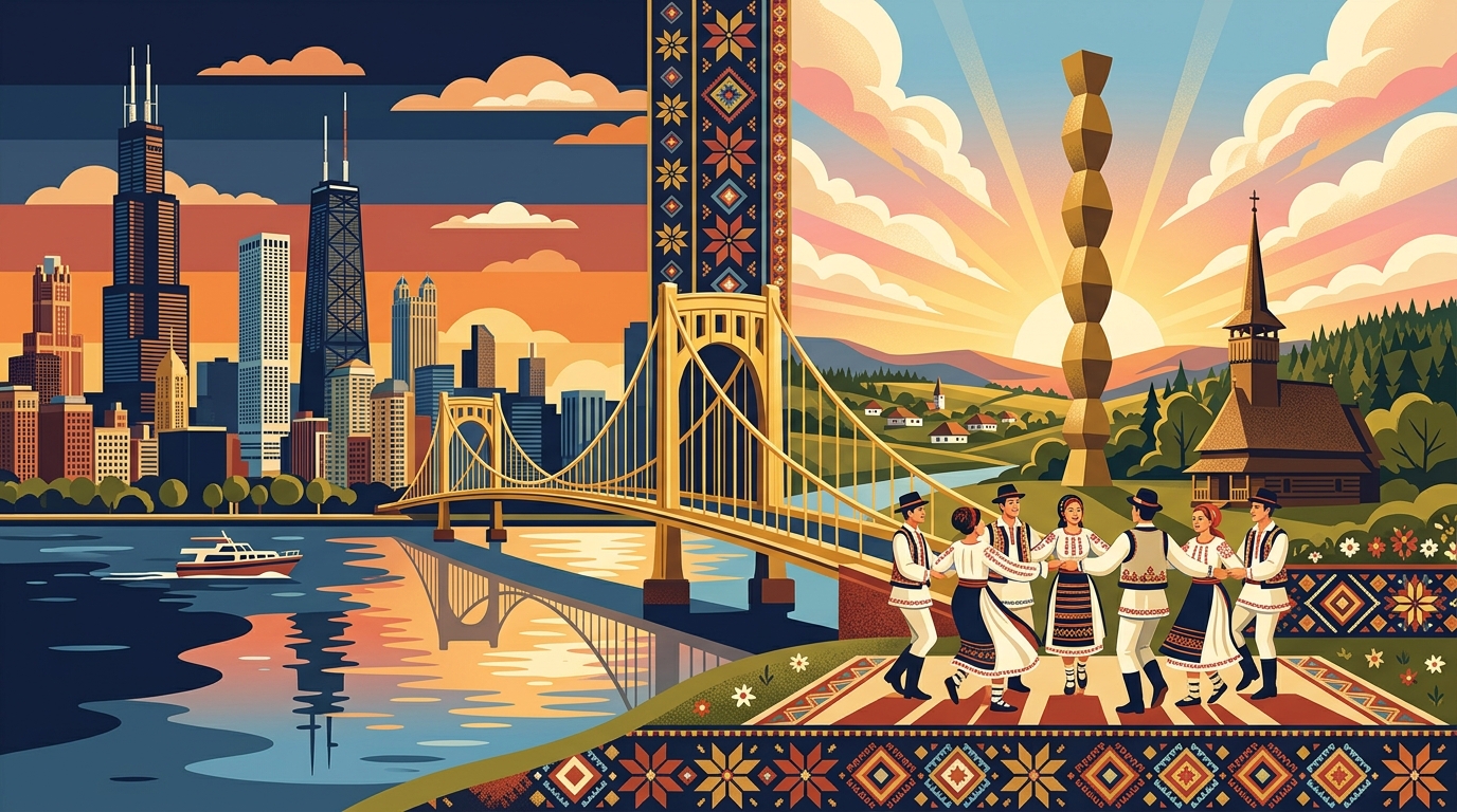 Graphic artwork celebrating Chicago and Romanian-American partnership: America Home Away from Home