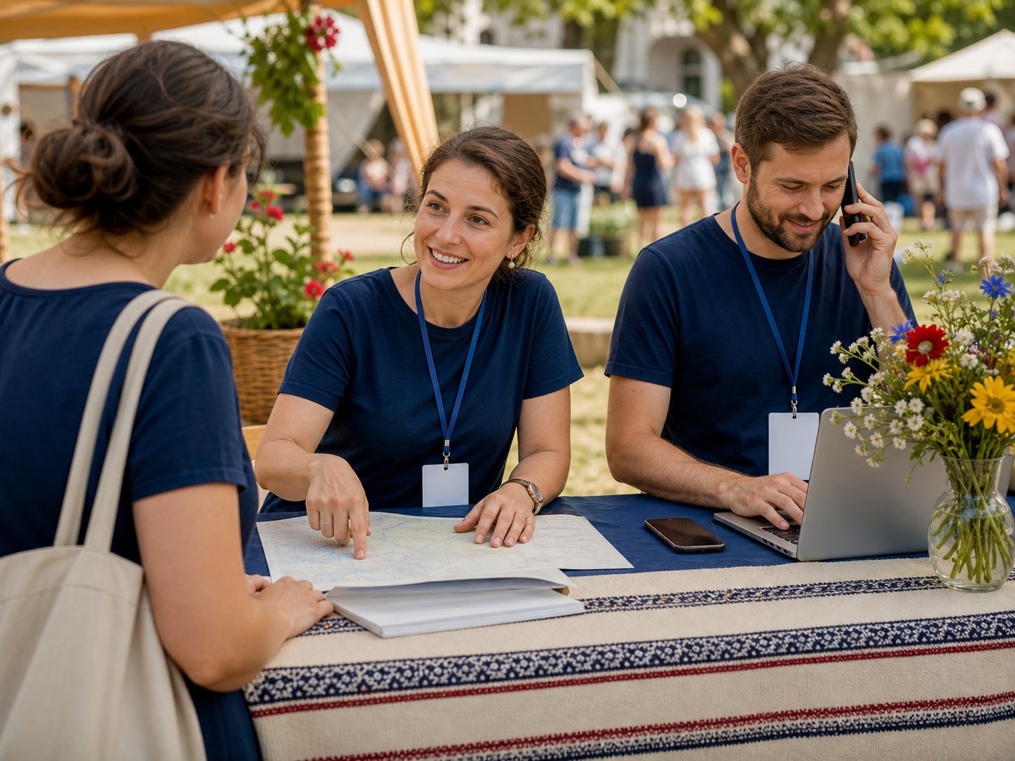 Festival team members helping a visitor and responding to enquiries