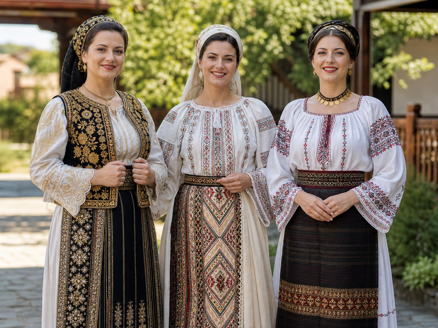 Three women presenting traditional clothing inspired by Banat, Oltenia and Wallachia