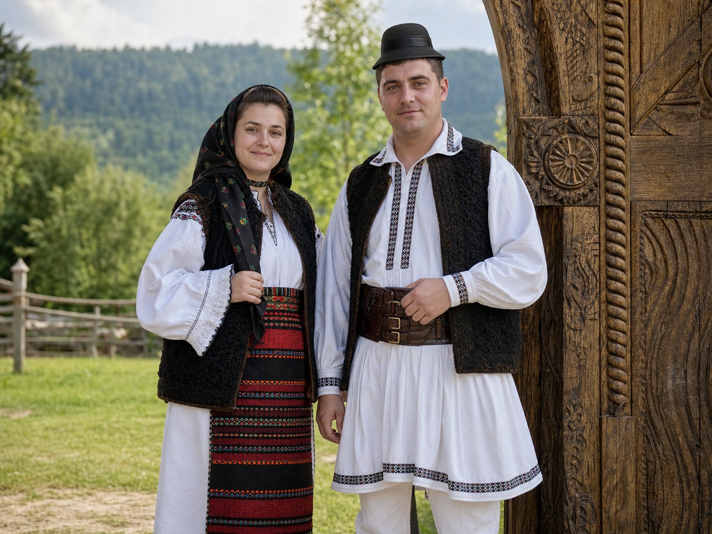Couple wearing traditional Maramures clothing beside a carved wooden gate