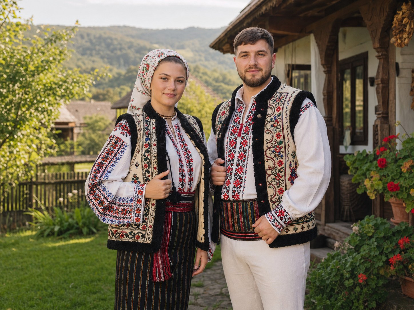 Couple wearing richly embroidered traditional clothing from Moldavia and Bucovina