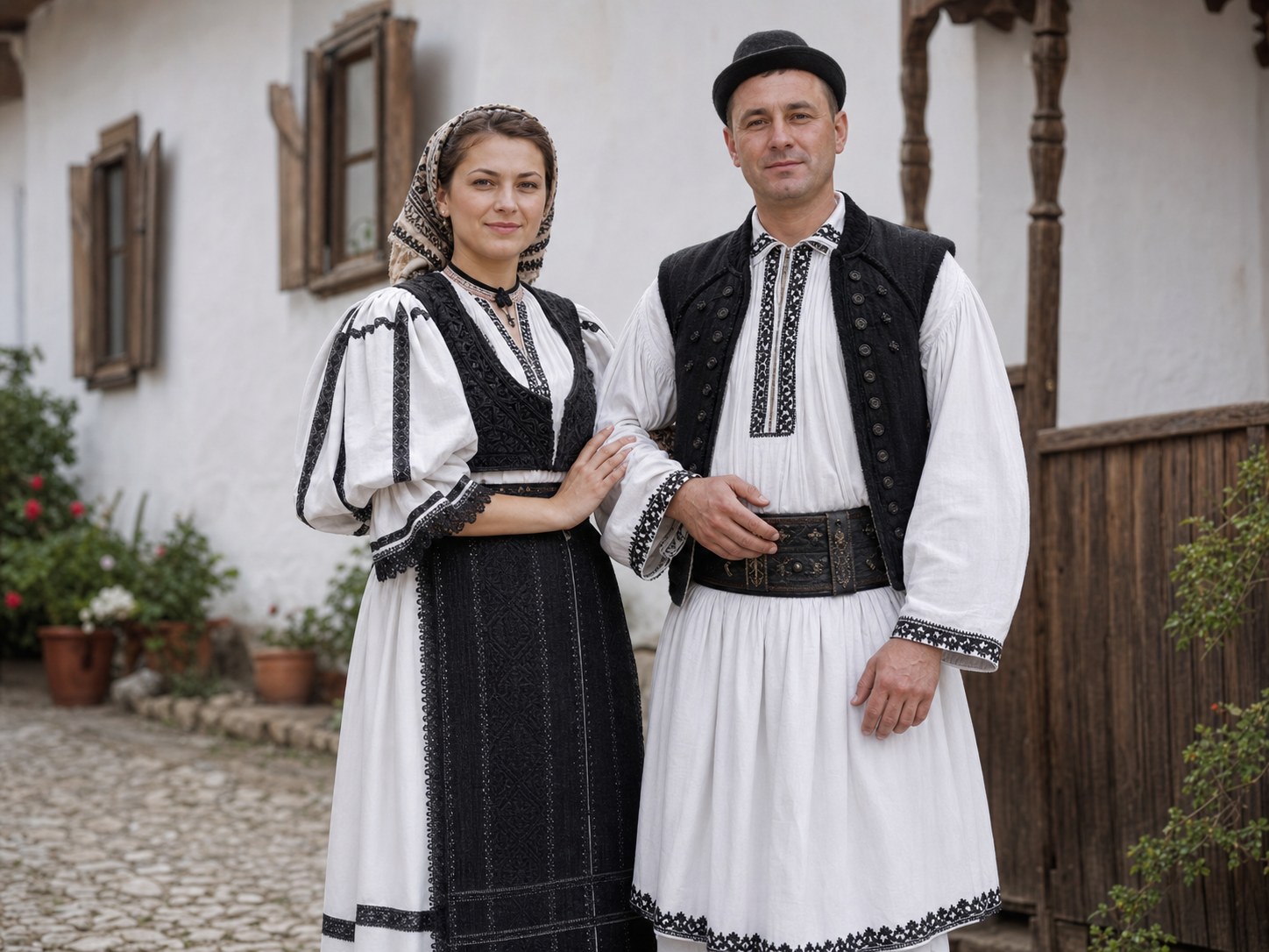 Couple wearing black-and-white traditional clothing inspired by the Sibiu and Fagaras areas
