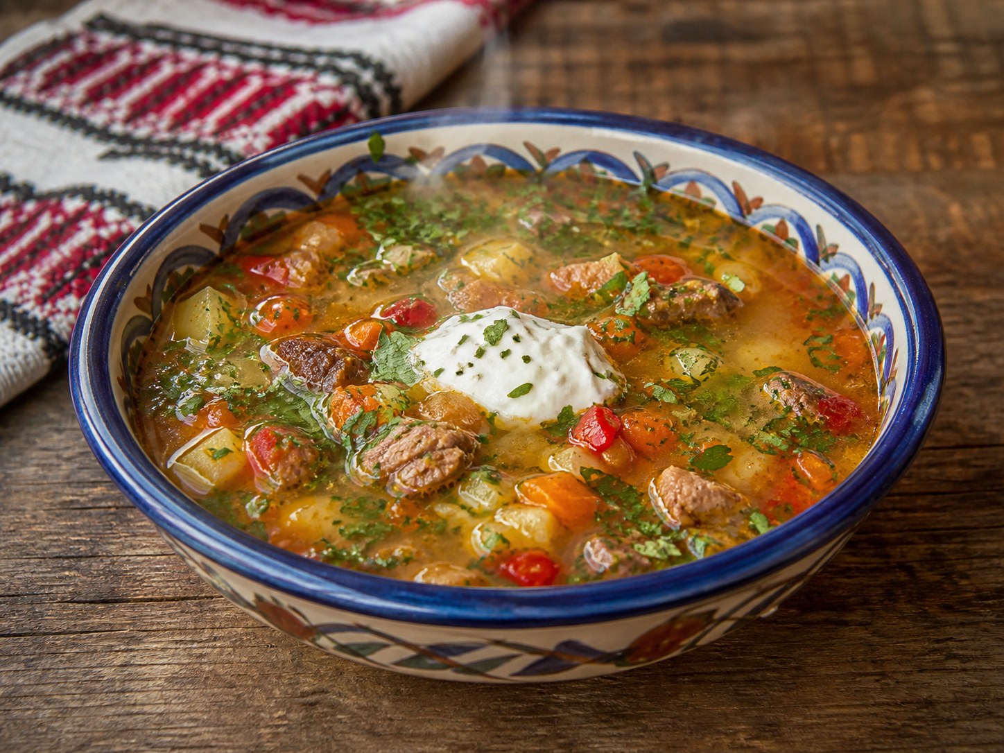 Romanian sour soup in a traditional ceramic bowl
