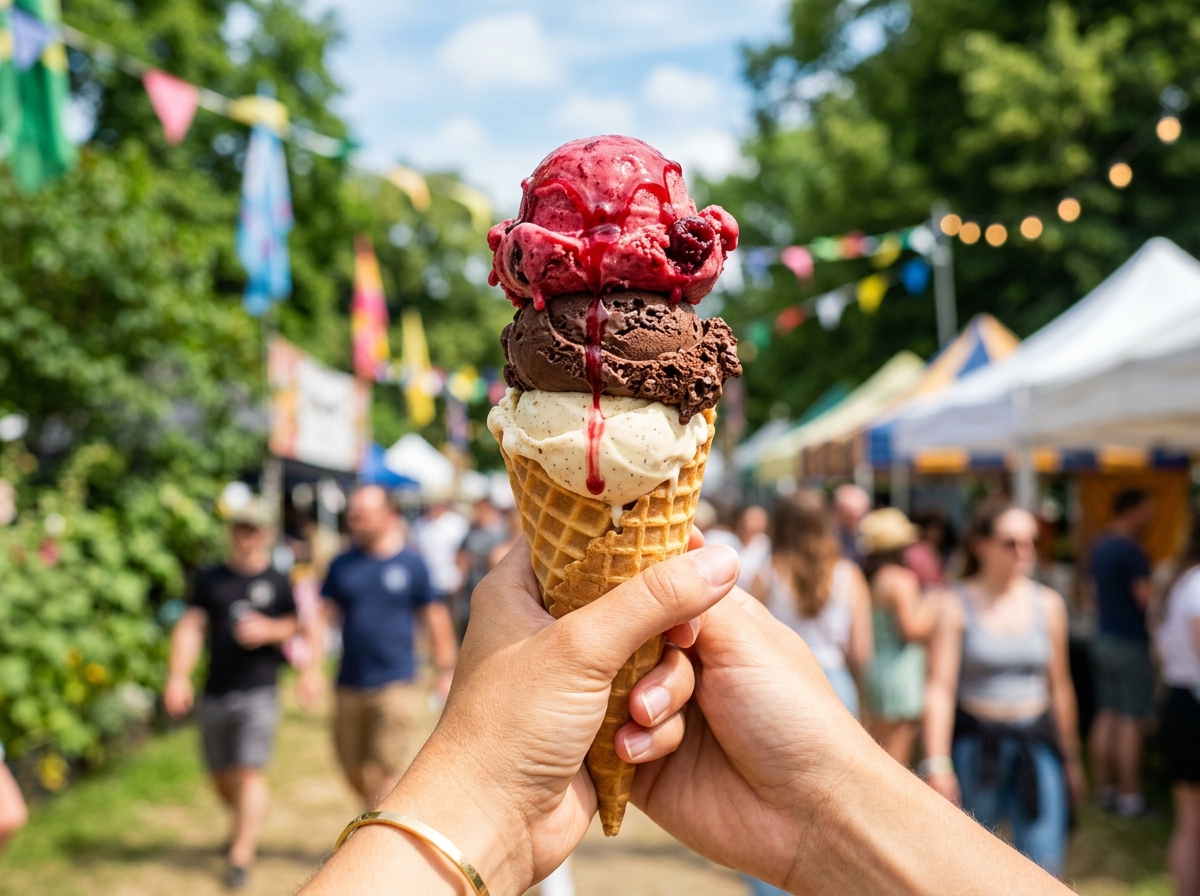 Ice cream cone with vanilla, sour cherry and chocolate scoops