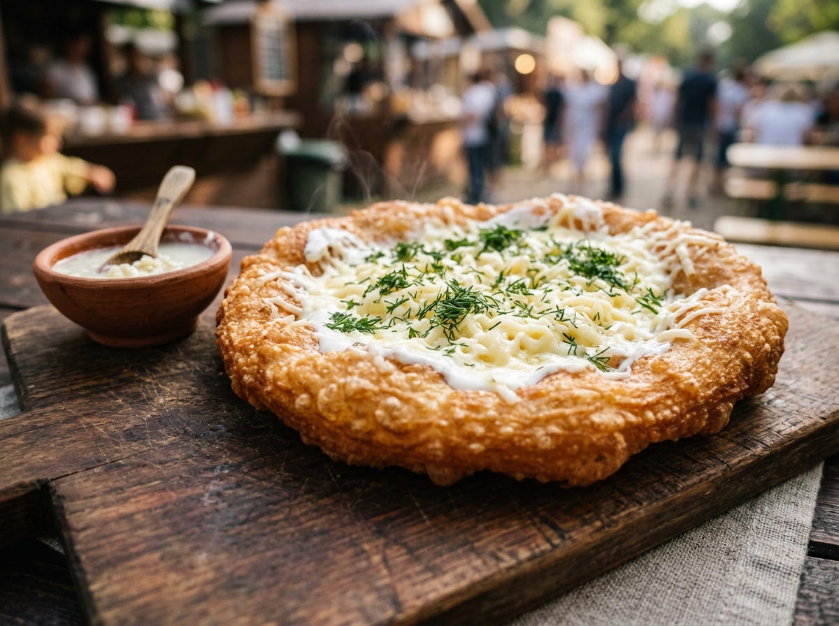 Golden langos with garlic, sour cream and grated cheese
