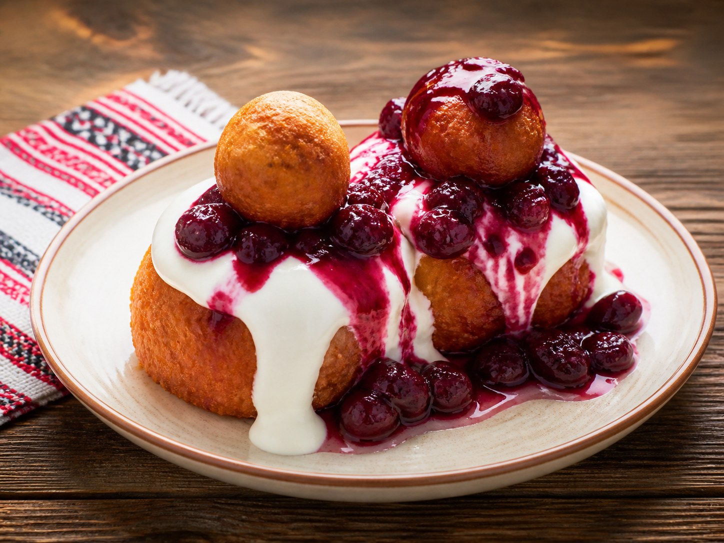 Romanian papanasi with sour cream and sour cherry preserve