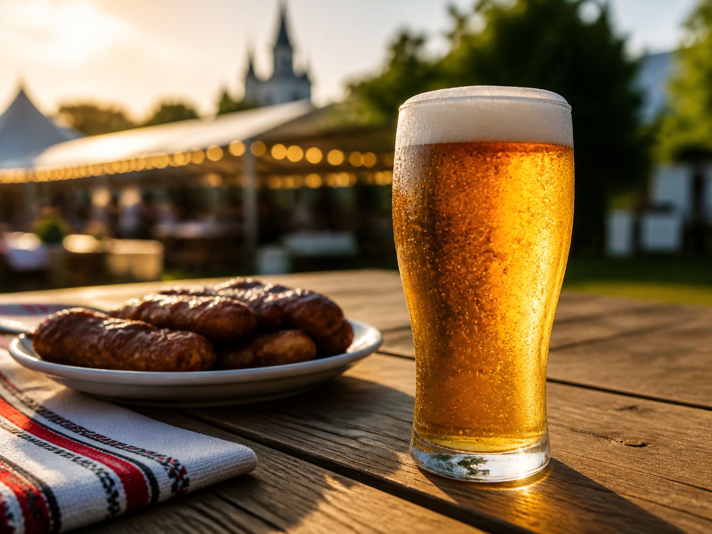 Cold golden beer served beside grilled mici at the festival