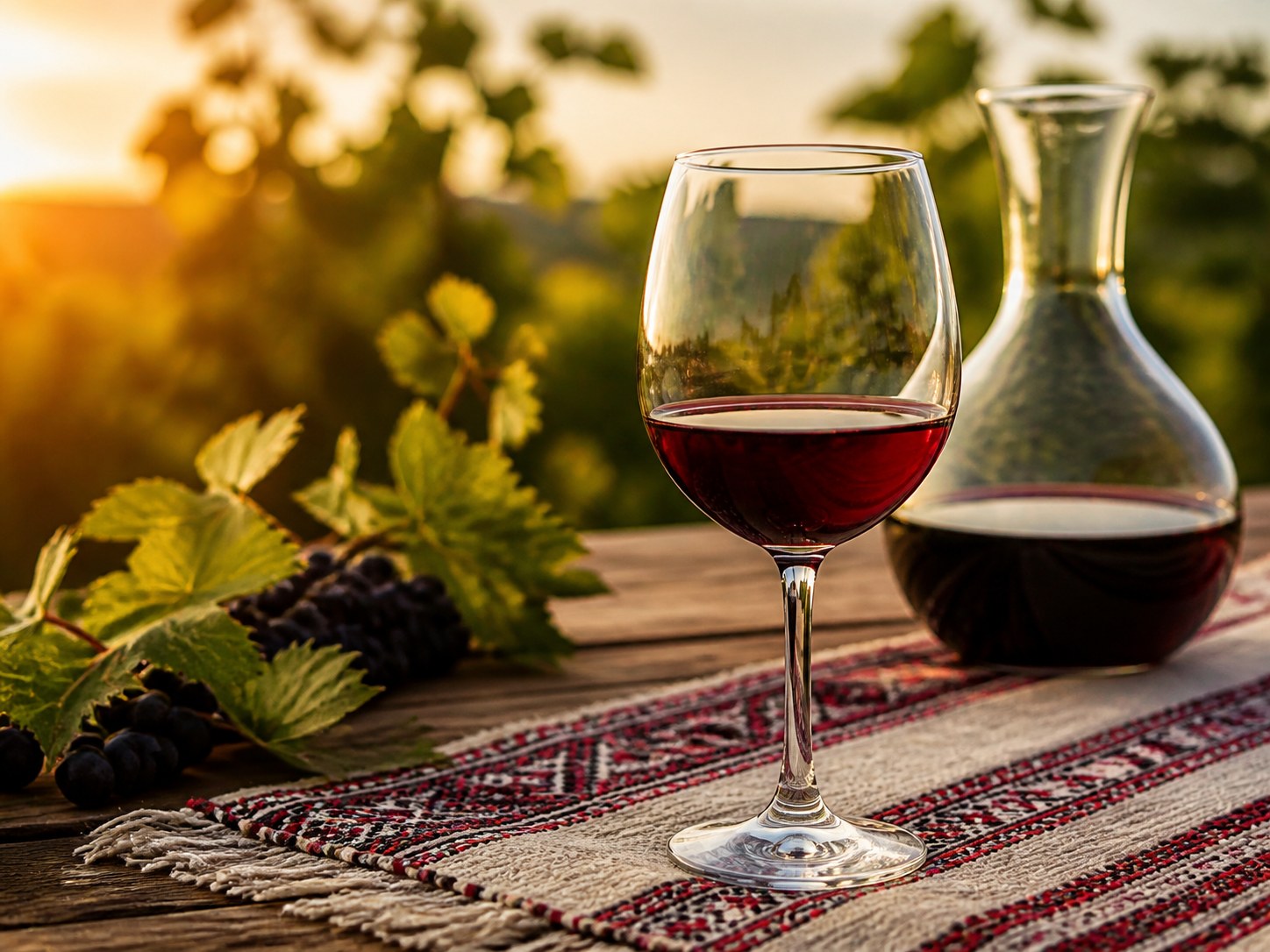 Red wine, grapes and a Romanian woven textile in golden light