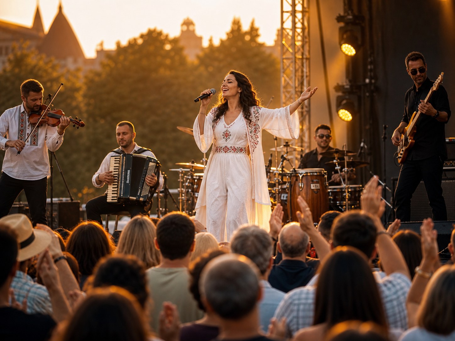 Romanian Summer Festival singer and live ensemble performing for an outdoor audience