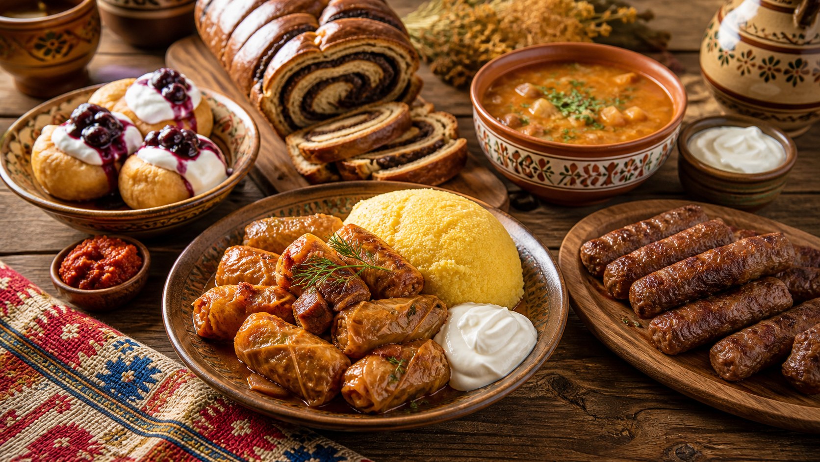 A table filled with traditional Romanian dishes