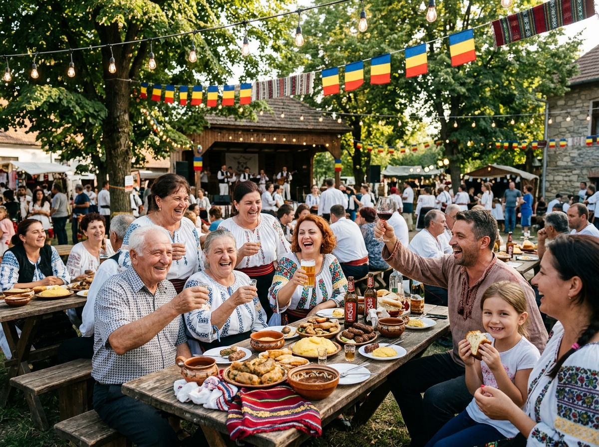 Familii și comunitate adunată la mese festive în aer liber
