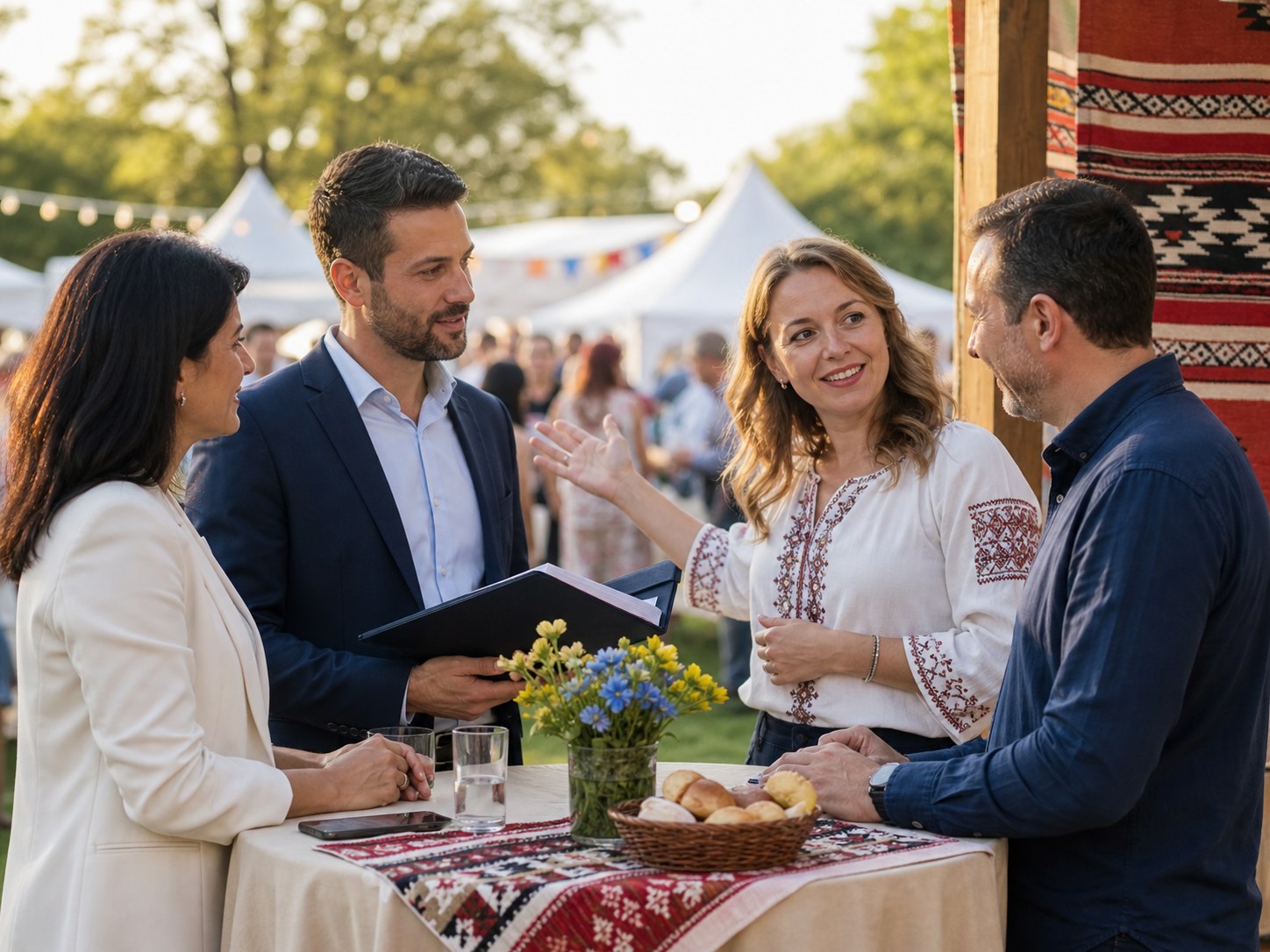 Reprezentanți ai unei companii locale discutând un parteneriat cu organizatorii festivalului
