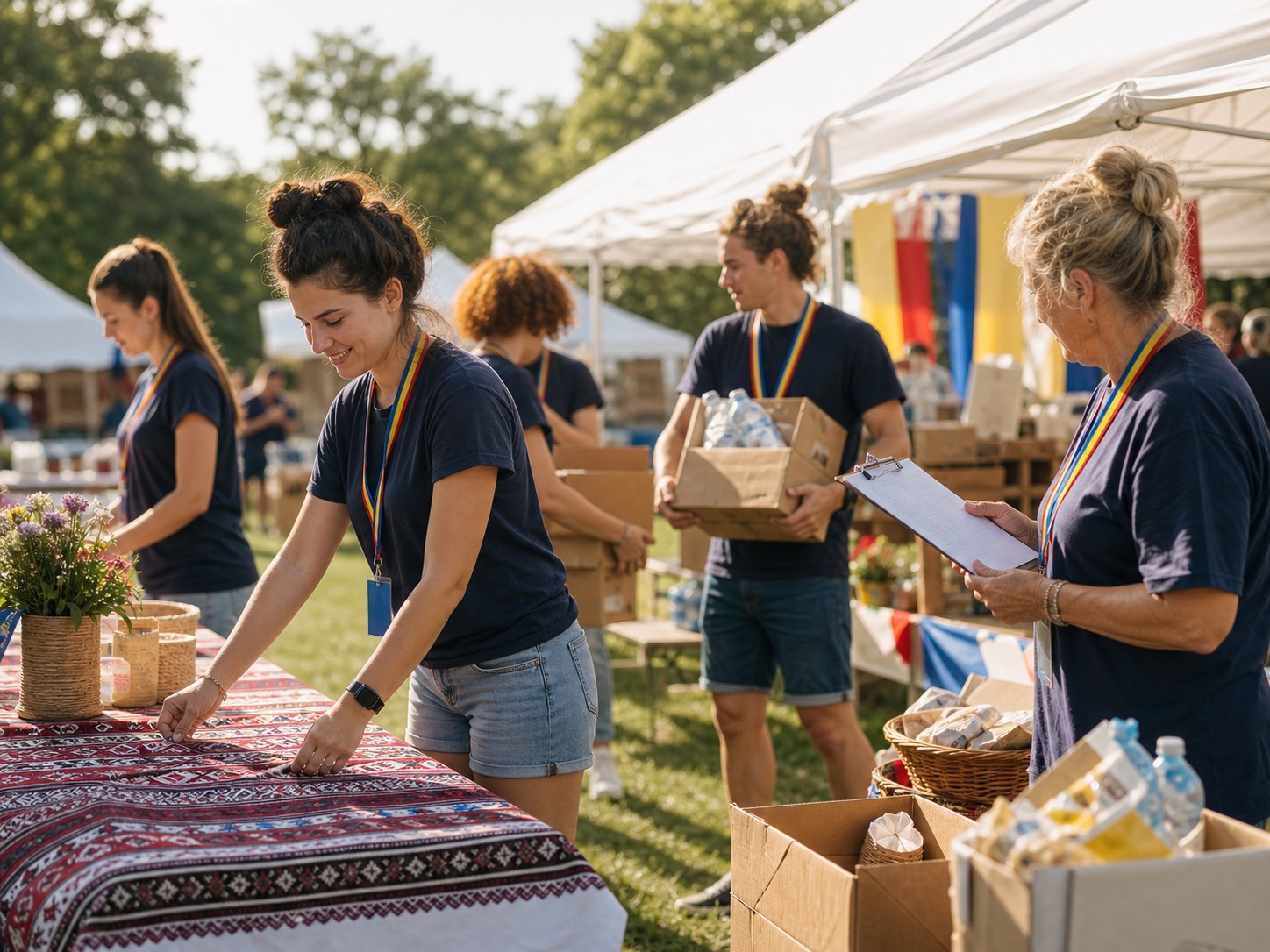 Echipa de voluntari pregătește mesele și materialele festivalului