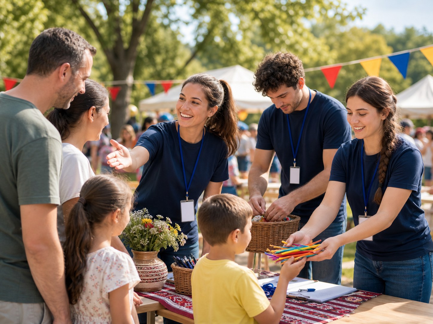 Voluntari care întâmpină o familie și îi ajută pe copii la activitățile festivalului