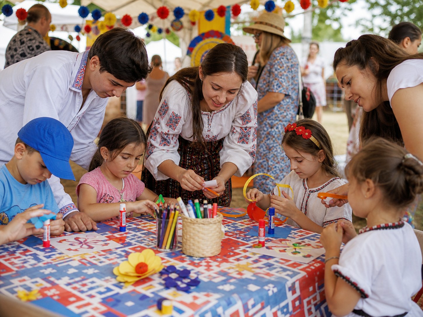Voluntari care îi ajută pe copii la activități creative inspirate de tradițiile românești